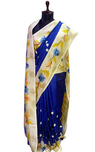 Embroidery Work Soft Kosa Silk Saree in Berry Blue, Beige and Multicolored