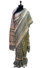 Batik Printed with Embroidery Work Soft Kosa Silk Saree in Fossil Grey, Off White and Light Brown