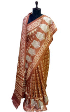 Batik Printed with Embroidery Work Soft Kosa Silk Saree in Wood Brown, Off White and Light Brown