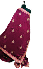 Designer Crushed Sana Silk Zardosi Saree in Pansy Purple, Green, Hot Pink and Golden
