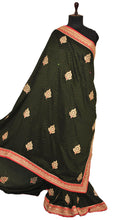 Designer Crushed Sana Silk Zardosi Saree in Rifle Green, Green, Hot Pink and Golden