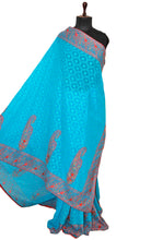 Kashmiri Embroidery Thread Work Georgette in Light Capri Blue, Red, Yellow and Natural Green