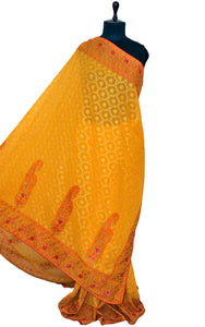 Kashmiri Embroidery Thread Work Georgette in Sunset Yellow, Red and Natural Green