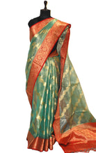 Tissue Banarasi Silk Saree in Pastel Green, Red and Matte Gold