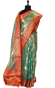 Tissue Banarasi Silk Saree in Pastel Green, Red and Matte Gold