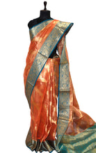 Tissue Banarasi Silk Saree in Salmon Orange, Teal and Matte Gold