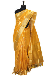 Designer Tissue Banarasi Silk Saree in Bright Yellow, Gold and Silver Zari Work