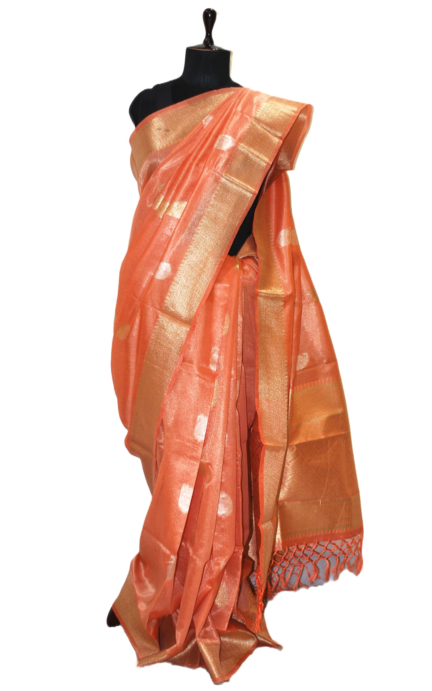 Designer Tissue Banarasi Silk Saree in Cantaloupe, Gold and Silver Zari Work