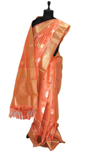 Designer Tissue Banarasi Silk Saree in Cantaloupe, Gold and Silver Zari Work
