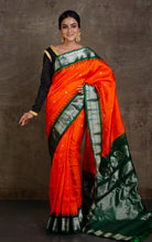 Exclusive Gadwal Silk Saree in Orange, Dark Green and Silver, Gold Zari Work