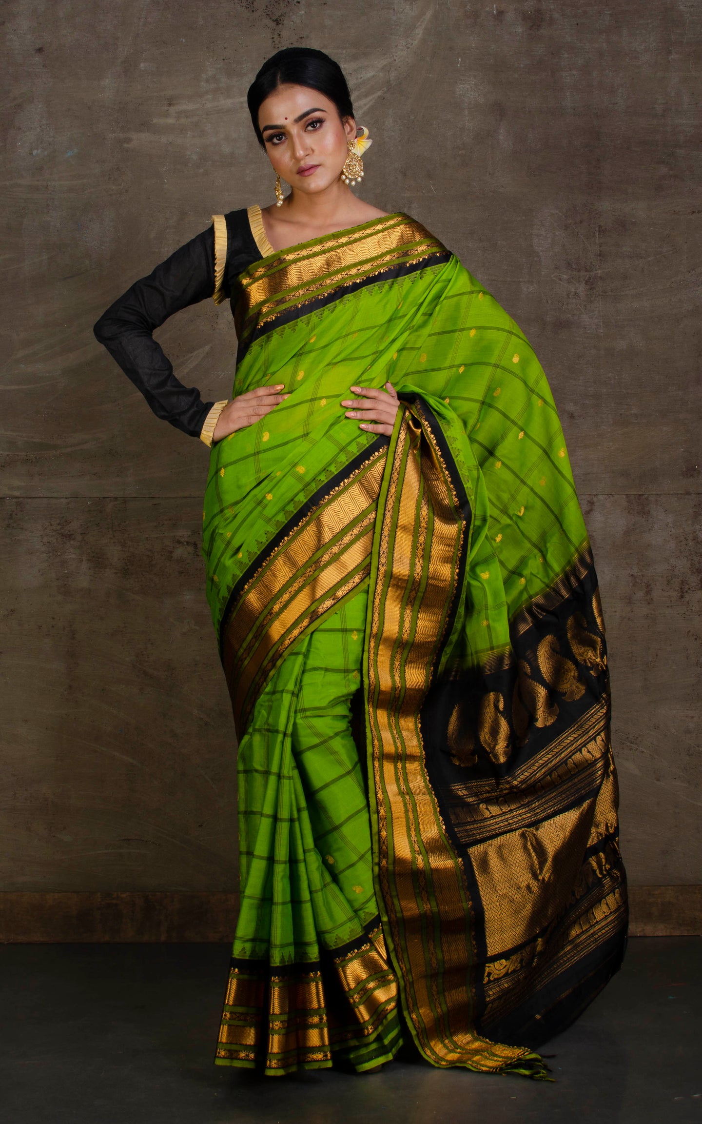 Exclusive Checks Gadwal Seiko Silk Saree in Pear Green, Black and Gold