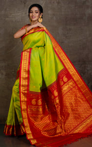 Exclusive Gadwal Silk Saree in Green Yellow, Bright Red and Golden Zari Work