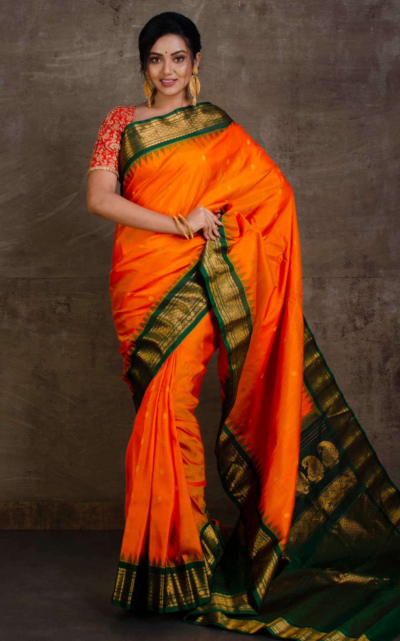 Red And Orange Silk Embroidered Wedding Saree - Sarees Designer Collection