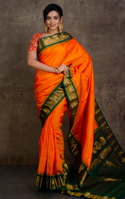 Exclusive Gadwal Silk Saree in Princeton Orange, Forest Green and Golden Zari Work