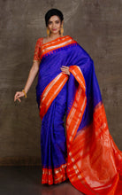 Pure Silk Checks Gadwal Silk Saree in Cobalt Blue, Orange and Silver Zari Work
