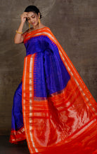 Pure Silk Checks Gadwal Silk Saree in Cobalt Blue, Orange and Silver Zari Work