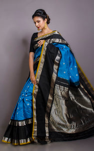 Exclusive Micro Checks Gadwal Silk Saree in Dodger Blue, Black and Silver Zari Work