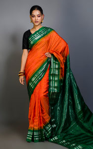 Pure Silk Checks Gadwal Silk Saree in Bright Orange, Deep Forest Green and Silver Zari Work