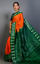 Pure Silk Checks Gadwal Silk Saree in Bright Orange, Deep Forest Green and Silver Zari Work