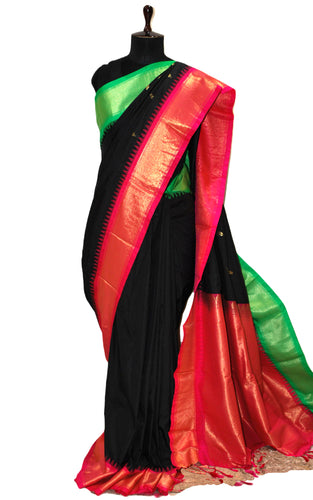 Blended Gadwal Silk Saree in Black, Hot Pink and Gel Green