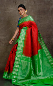 Pure Silk Checks Gadwal Silk Saree in Red, Green and Silver Zari Work