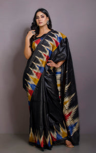 Printed Silk Gicha Tussar Saree in Black and Multicolored