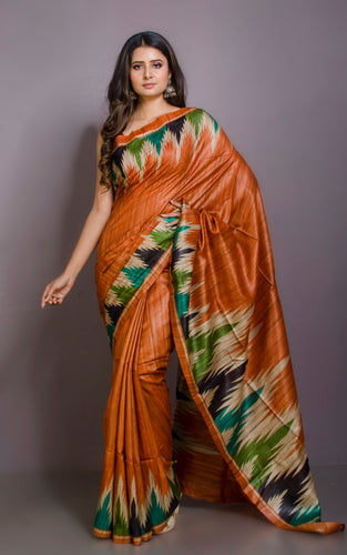 Printed Silk Gicha Tussar Saree in Burnt Orange and Multicolored