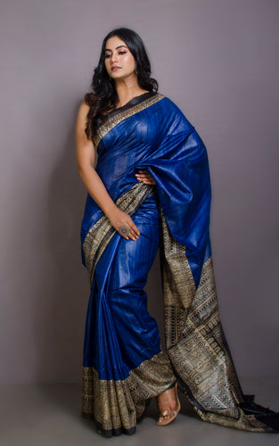 Soft Tussar Gicha Kalamkari Saree in Royal Blue, Beige and Black