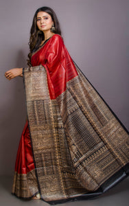 Soft Tussar Gicha Kalamkari Saree in Scarlet Red, Beige and Black