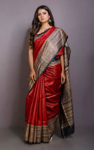 Soft Tussar Gicha Kalamkari Saree in Scarlet Red, Beige and Black