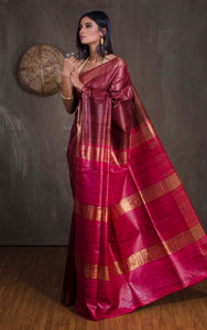 Pure Handloom Gicha Tussar Saree in Brownish Maroon and Red