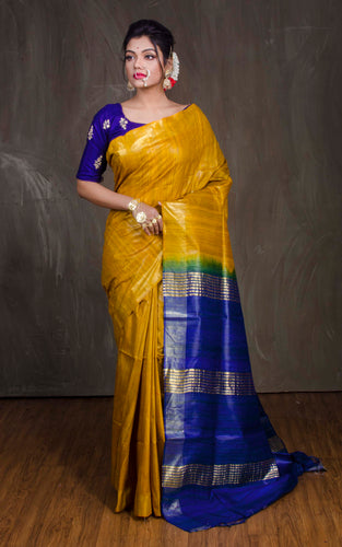 Pure Handloom Gicha Tussar Saree in Yellow and Royal Blue