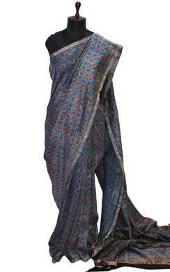 Ajrakh Work Cotton Chanderi Saree in Indigo Blue, Brown and Black