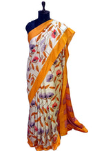 Floral Printed with Kantha Work Soft Kosa Silk Saree in Cream, Saffron and Multicolored