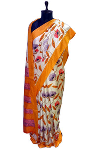 Floral Printed with Kantha Work Soft Kosa Silk Saree in Cream, Saffron and Multicolored