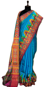 Ikkat Printed Blended Silk Saree in Blue, Purple and Multicolored