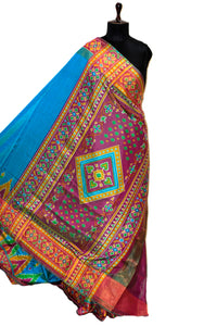 Ikkat Printed Blended Silk Saree in Blue, Purple and Multicolored