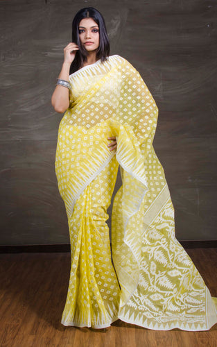 Traditional Soft Jamdani Saree in Lemon Curd Yellow and White