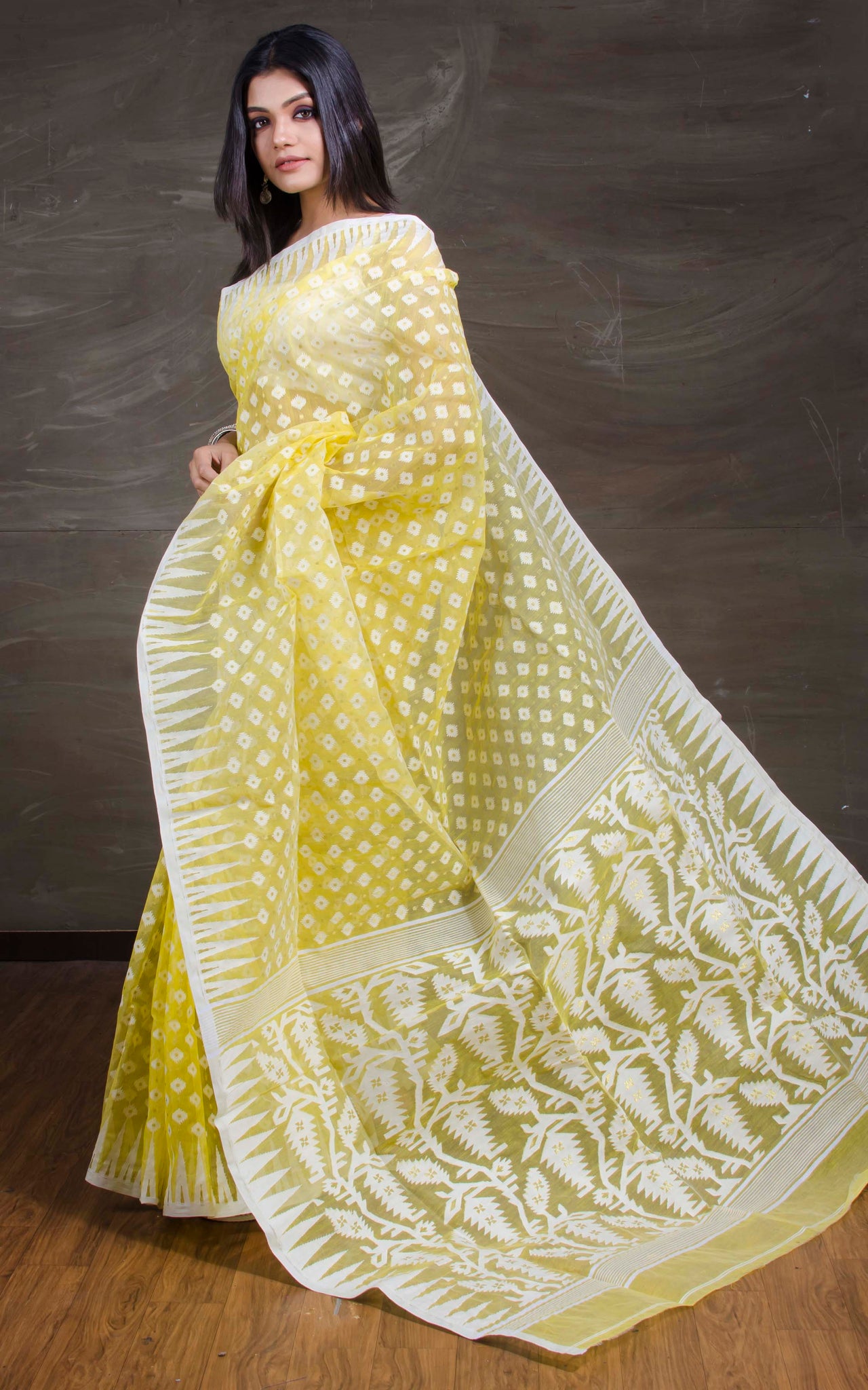 The Bright Golden Yellow color soft Dhakai Jamdani saree is crafted with  self color resham buti all over the bo… | Jamdani saree, Yellow saree,  Dhakai jamdani saree