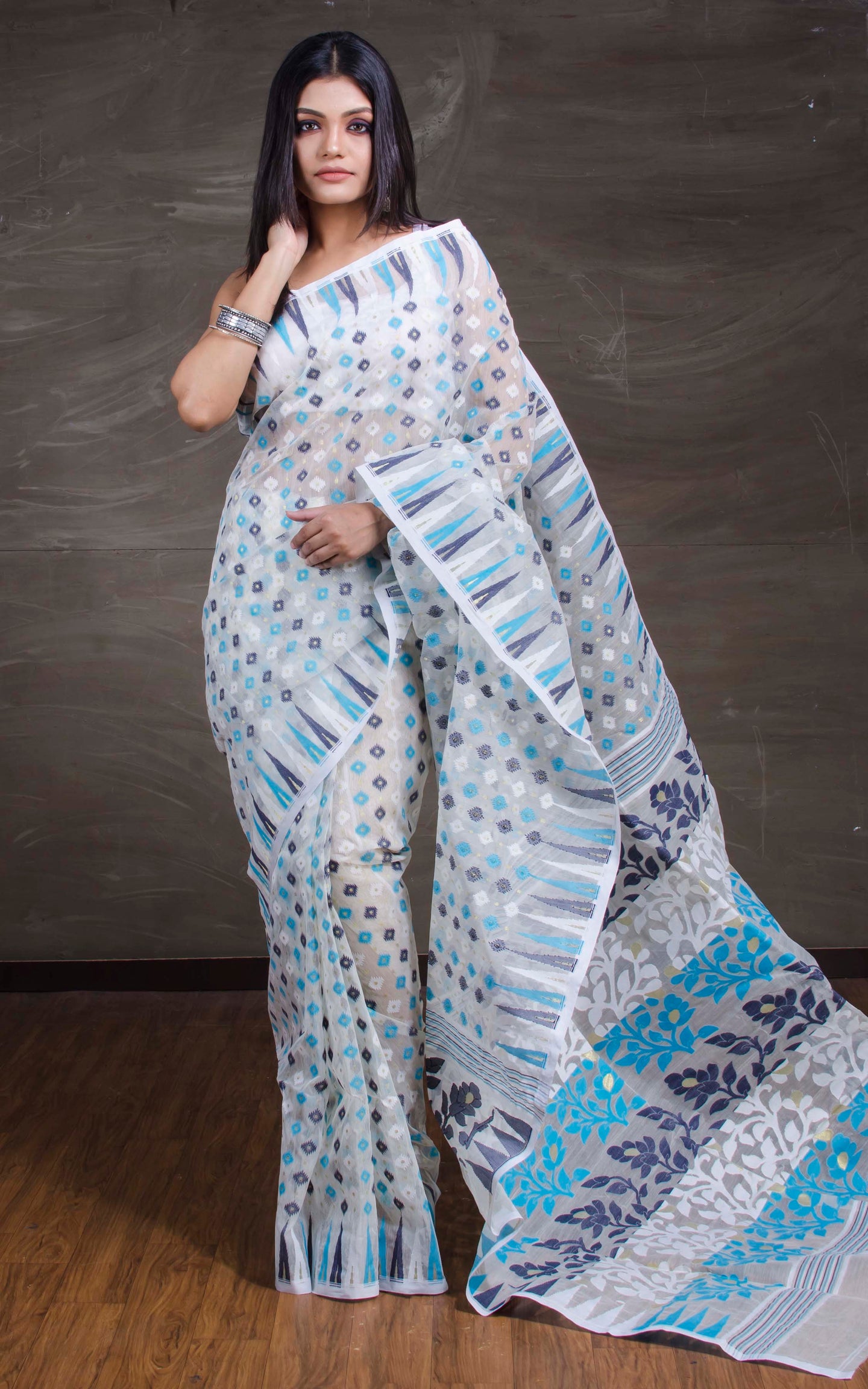 Traditional Soft Jamdani Saree in White and Multicolored Thread Work