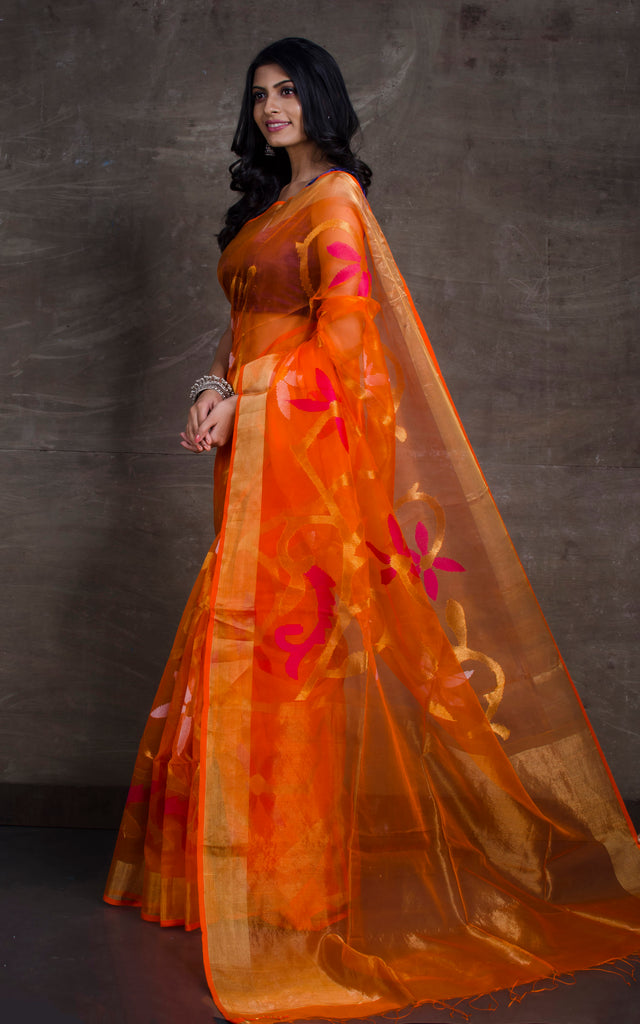 Traditional Soft Muslin Jamdani Saree in Orange, Gold and Hot Pink ...