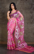 Traditional Soft Muslin Jamdani Saree in Pink, Silver and Green