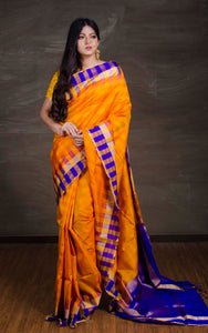 South Silk Saree with Check Border in Orange, Blue and Gold - Bengal Looms India