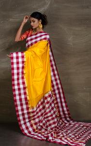 Semi Pure South Silk Checks Border Saree in Yellow from Bengal Looms India