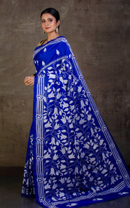 Pure Silk Hand Embroidery Kantha Stitch Saree in Royal Blue and White