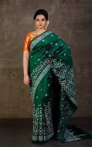Pure Silk Hand Embroidery Kantha Stitch Saree in Dark Green and White