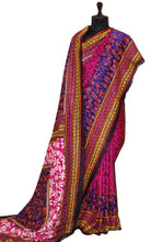 Tie-Dye Pure Silk Hand Embroidery Kantha Stitch Saree in Hot Pink, Royal Blue and Multicolored Thread Work
