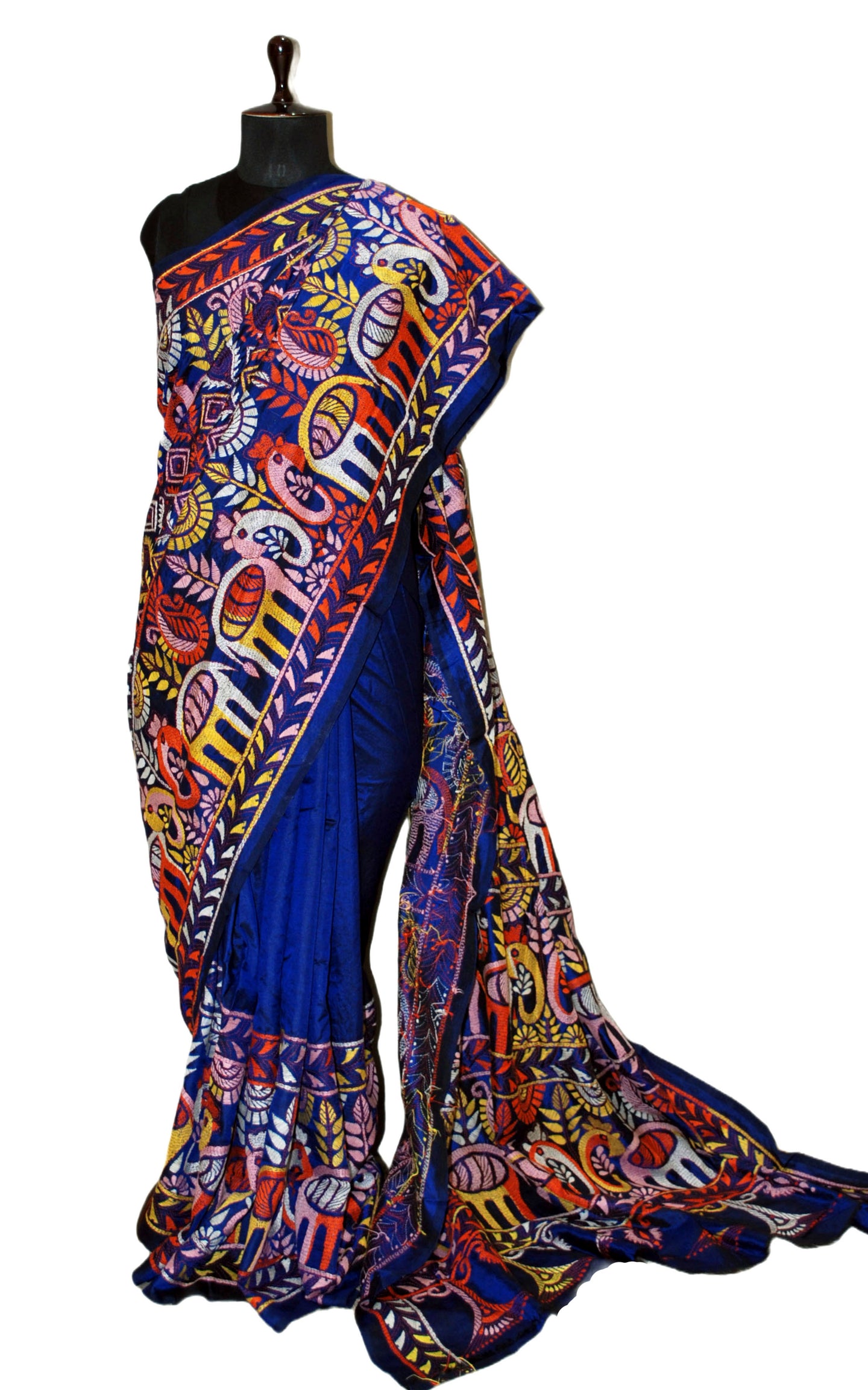 Pure Silk Hand Embroidery Kantha Stitch Saree in Prussian Blue and Multicolored Thread Work