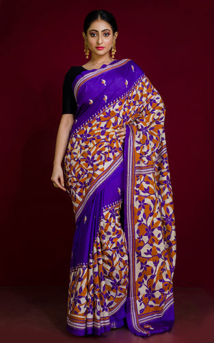 Hand Embroidery Reverse Floral Kantha Stitch Pure Silk Saree in Purple, Sienna Brown and Cappuccino White Thread Work