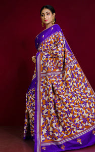 Hand Embroidery Reverse Floral Kantha Stitch Pure Silk Saree in Purple, Sienna Brown and Cappuccino White Thread Work